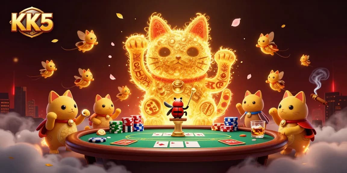 Experience the thrill of KK5 gaming with a vibrant scene featuring a lucky cat and casino elements.