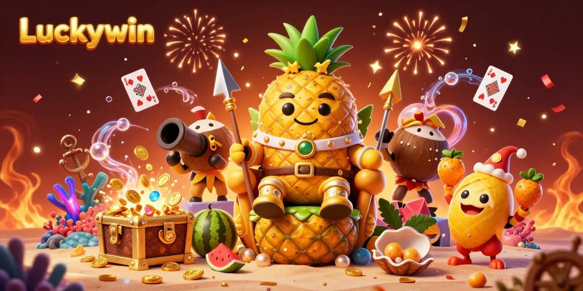 Engage with Luckywin's vibrant casino scene featuring lively characters and a treasure-filled beach.