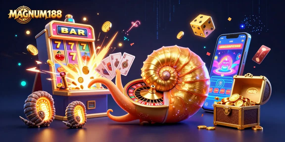 Experience the excitement of MAGNUM188 with a dazzling scene of a giant nautilus roulette wheel, overflowing slot jackpots, and glowing game elements.