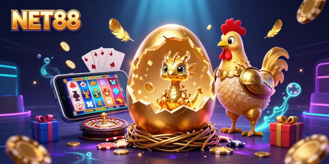 NET88 showcases a captivating 3D scene of a golden dragon and casino elements in action.
