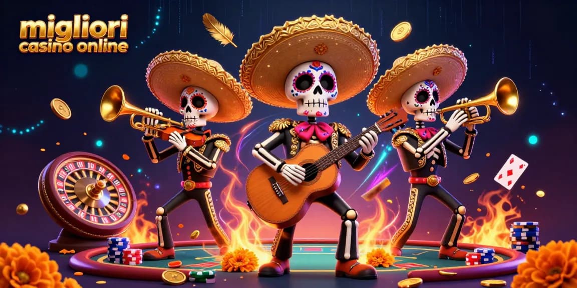 Scopri i migliori casino online con un'illustrazione vibrante di una band mariachi scheletro.