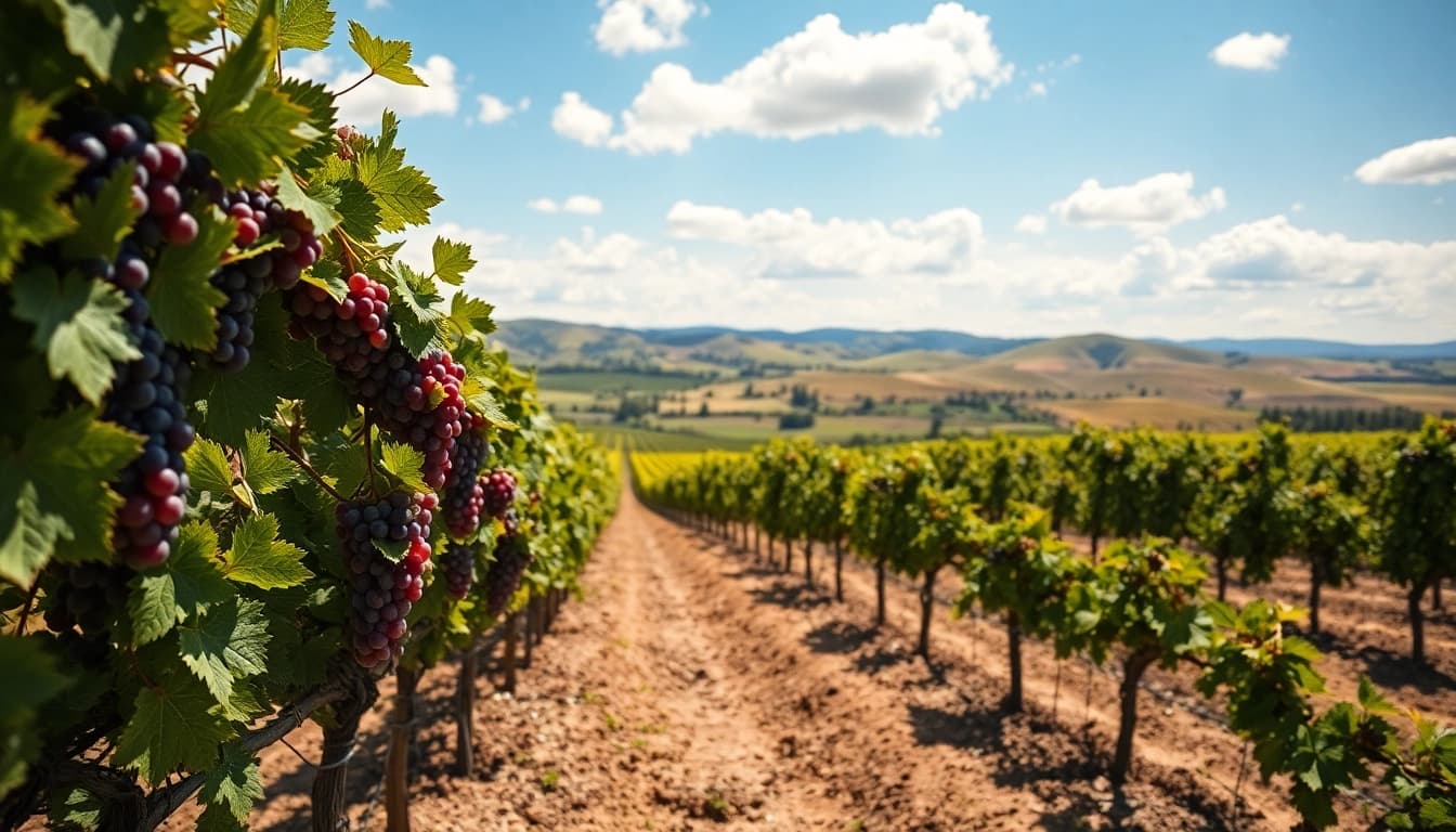 Experience the beauty of Clarksburg, California's vineyards with ripe grapes in a picturesque landscape.