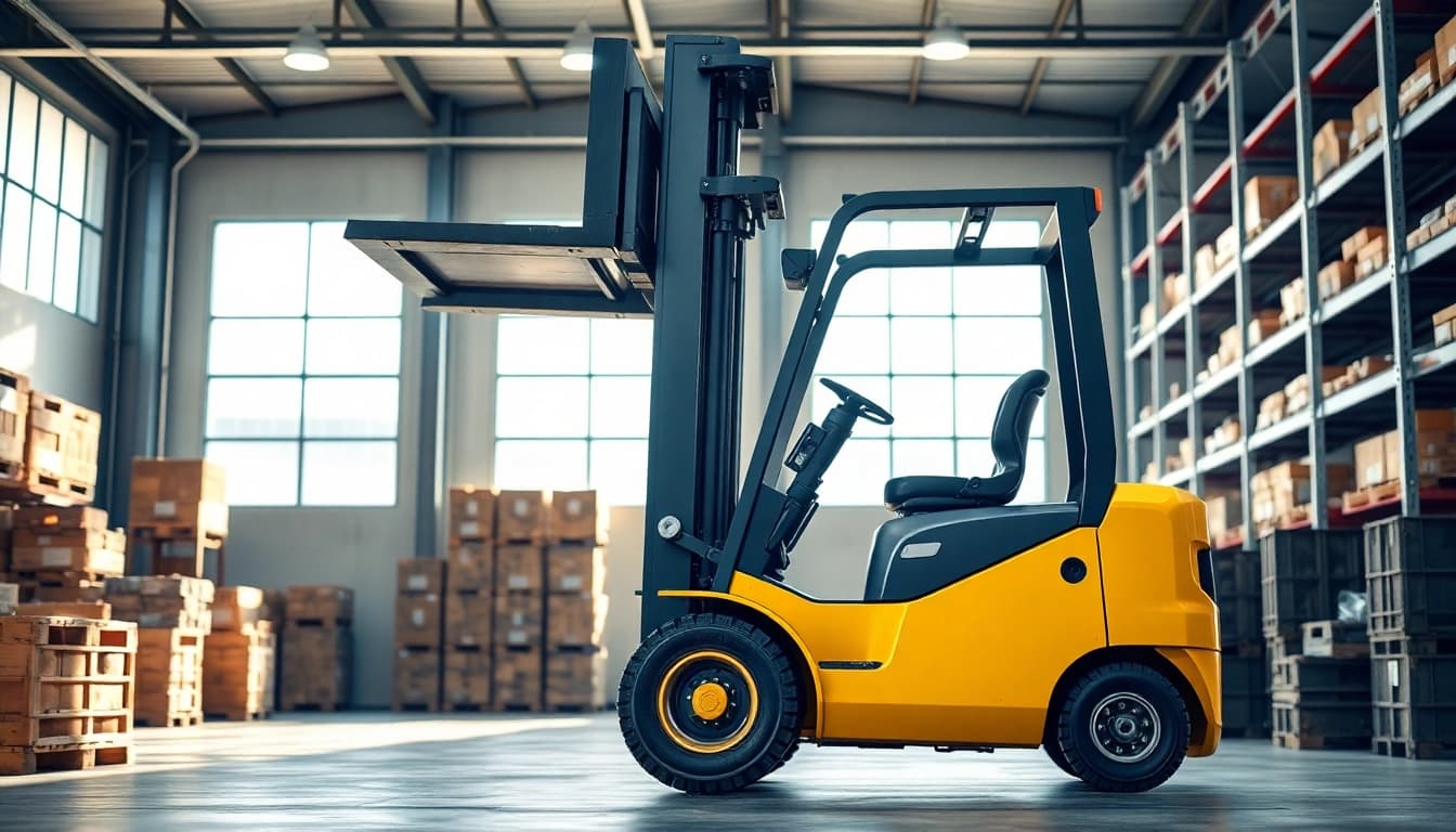 Operative forklift lifting loads in a warehouse, showcasing industrial efficiency.