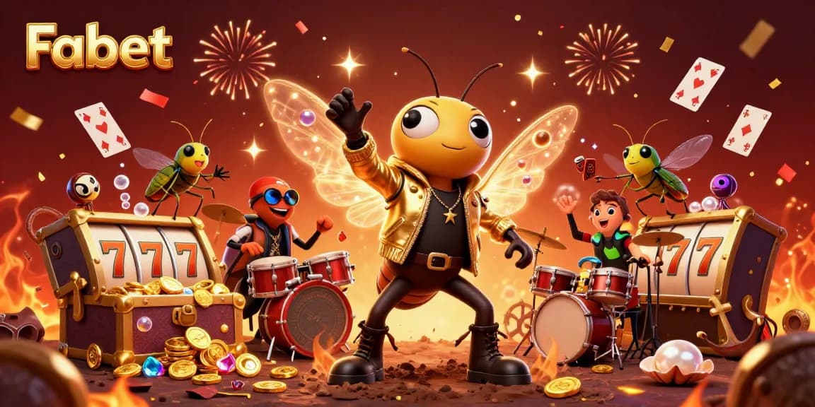 Experience Fabet with excitement as the cicada rock star shines amidst slot reels and treasure in this vibrant casino scene.