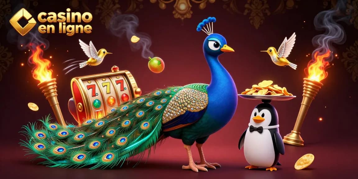 Vivez l'excitation du casino en ligne avec un paon, un pingouin et un colibri, entourés de machines à sous.
