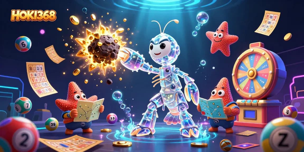 Experience thrilling gaming action at HOKI368 with a galactic samurai shrimp amidst golden gems and lottery excitement.