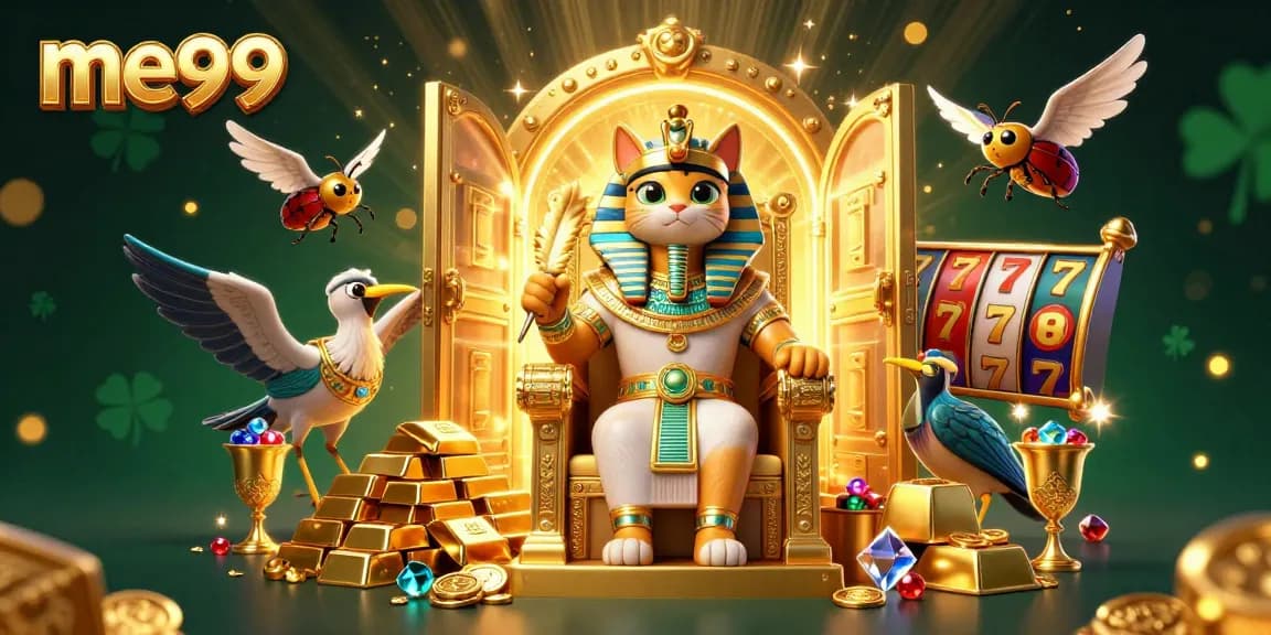 Experience thrilling gameplay with me99’s Egyptian-themed casino illustration, capturing rich gaming elements and energy.