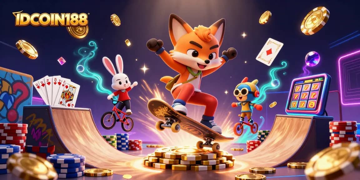 Experience the thrill of IDCOIN188's dynamic casino gaming with animated characters and vibrant casino elements.