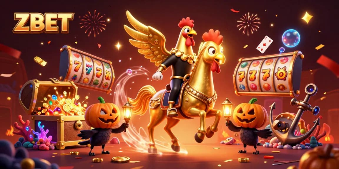 ZBET brings vibrant casino excitement with a golden rooster riding a spectral horse amidst slot reels and treasures.