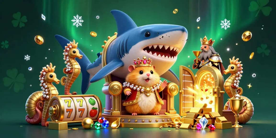 The vibrant cổng game haywin illustration captures a golden hamster king on a megalodon throne amidst slot reels and sparkling treasures.