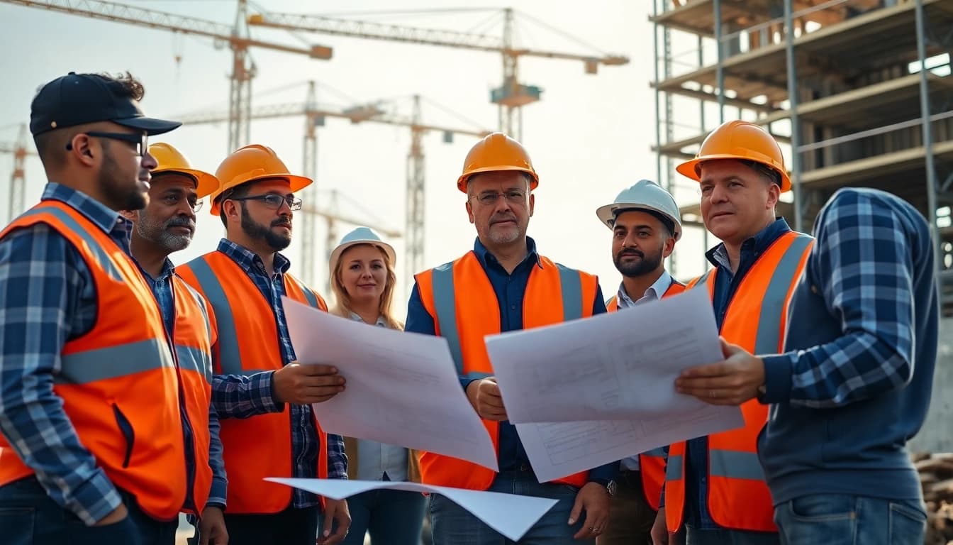 New Jersey Construction Manager leading a collaborative team at a construction site.