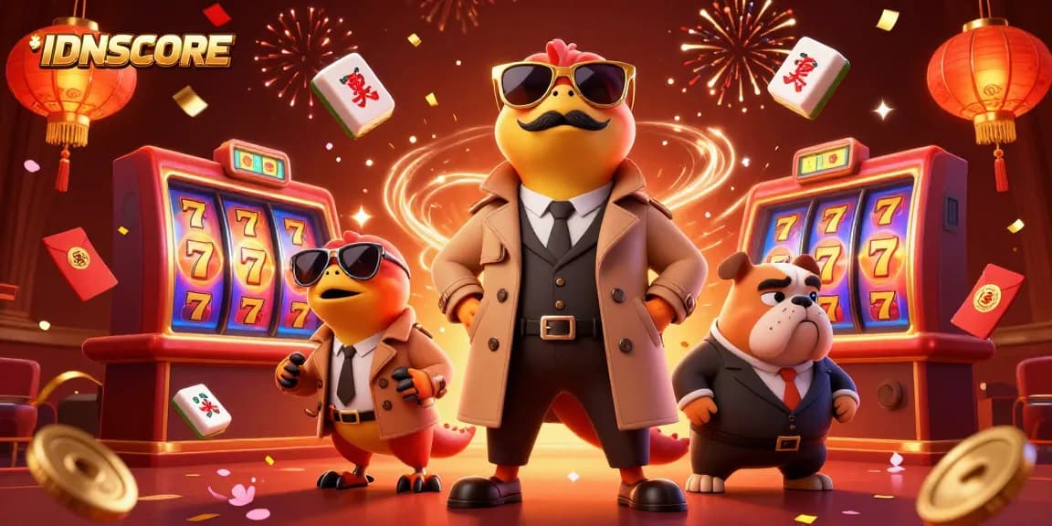 Experience IDNSCORE's exciting slots in a whimsical 3D scene with raptors in a trench coat.