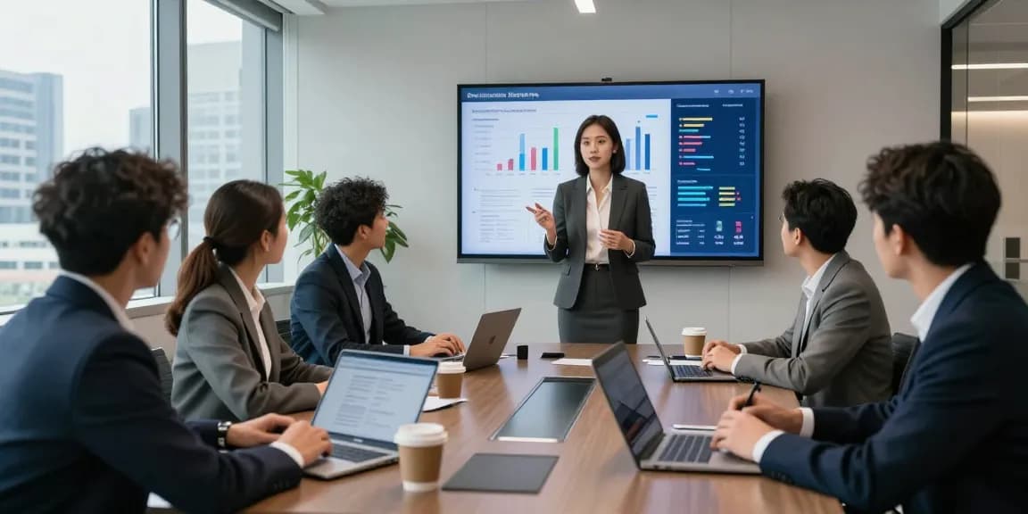 Réunion stratégique sur les services bancaires CIBC business avec une équipe de professionnels diversifiés discutant de solutions numériques innovantes.