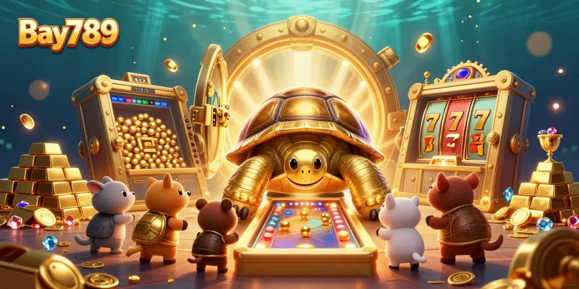 Experience excitement at Bay789 with a bustling scene of players enjoying thrilling slots and rich treasures.