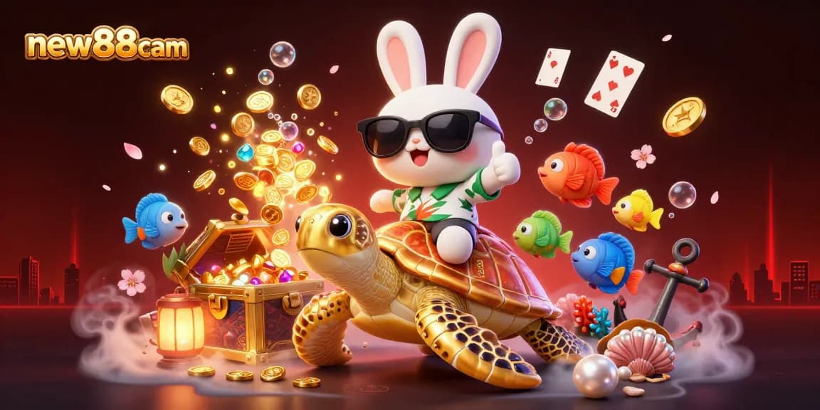 Experience the thrill of new88cam with a lucky rabbit and golden turtle amidst underwater treasures.