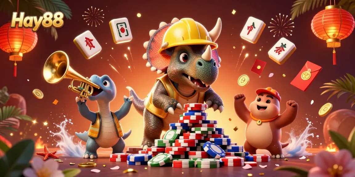 Engage in thrilling game play at Hay88 with a vibrant 3D illustration celebrating poker and casino action.
