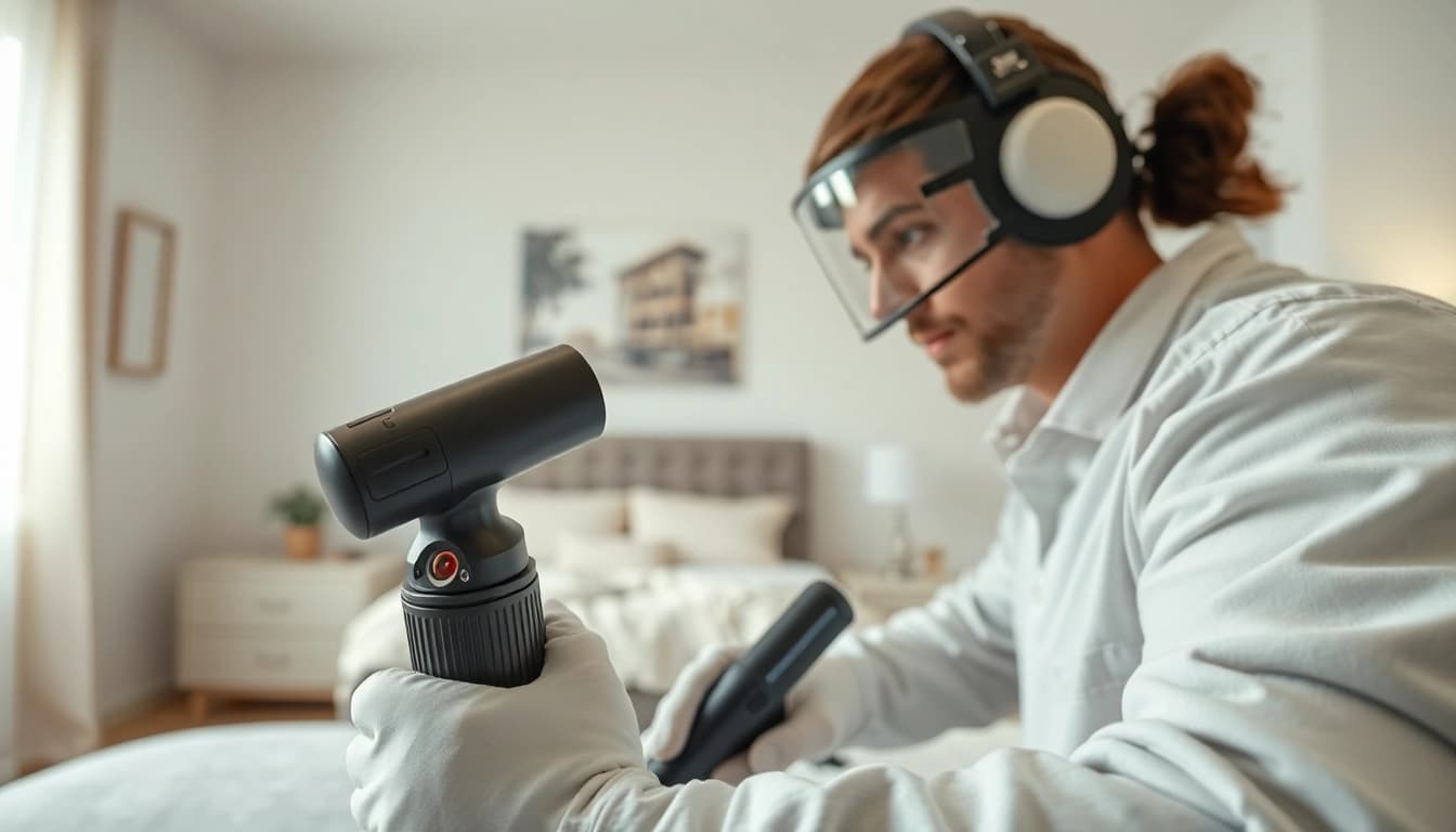Exterminator conducting effective bed bug treatment in a serene home environment.