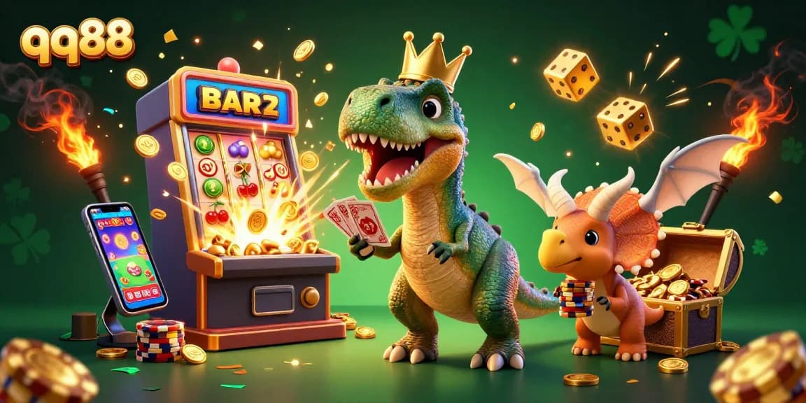 Engage with qq88's vibrant casino scene featuring playful dinosaurs enjoying classic games and jackpots.