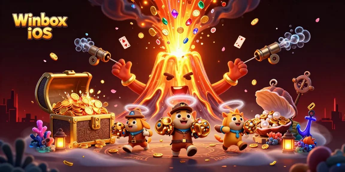 Winbox iOS app illustration depicting mobile gaming adventures with treasure-filled excitement and vibrancy.