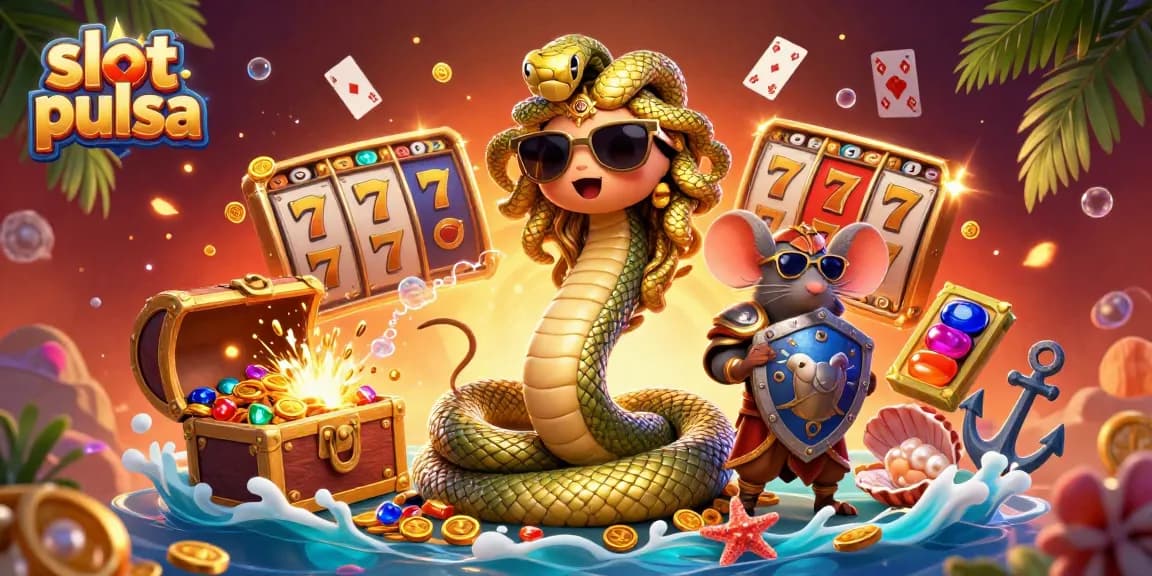 Experience the thrill with slot pulsa in a vibrant 3D illustration featuring Medusa and dynamic game elements.