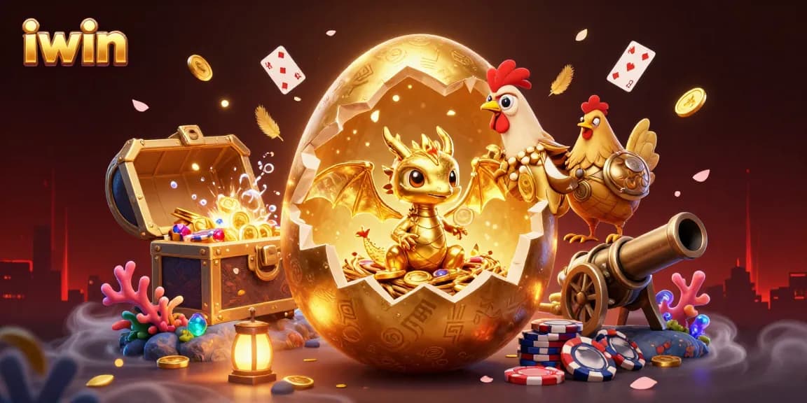 iwin reveals a golden dragon in a vibrant 3D casino scene filled with treasures and game elements.