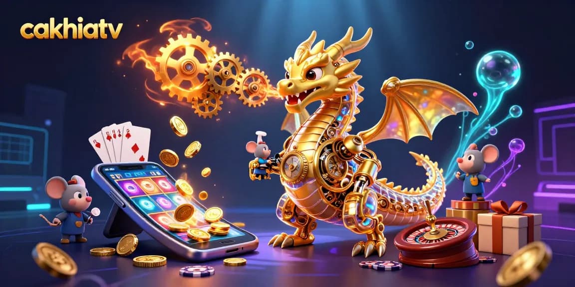 Engage with cakhiatv as the golden dragon breathes gears, embodying excitement in online gambling.