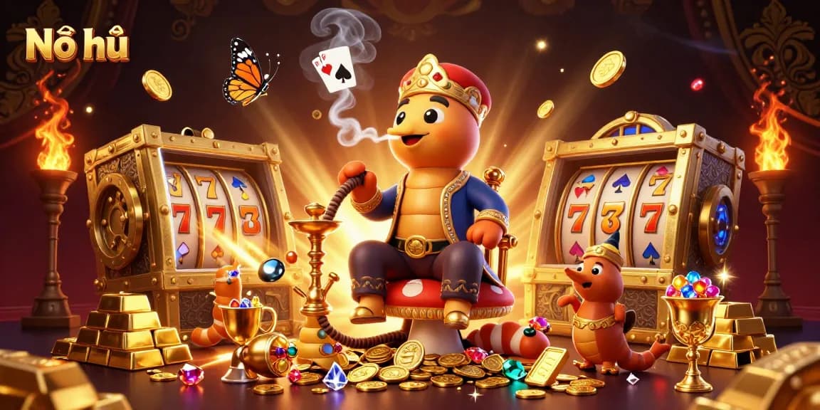 Nổ hũ showcases a vibrant 3D scene filled with gaming excitement featuring symbols of luck and wealth.
