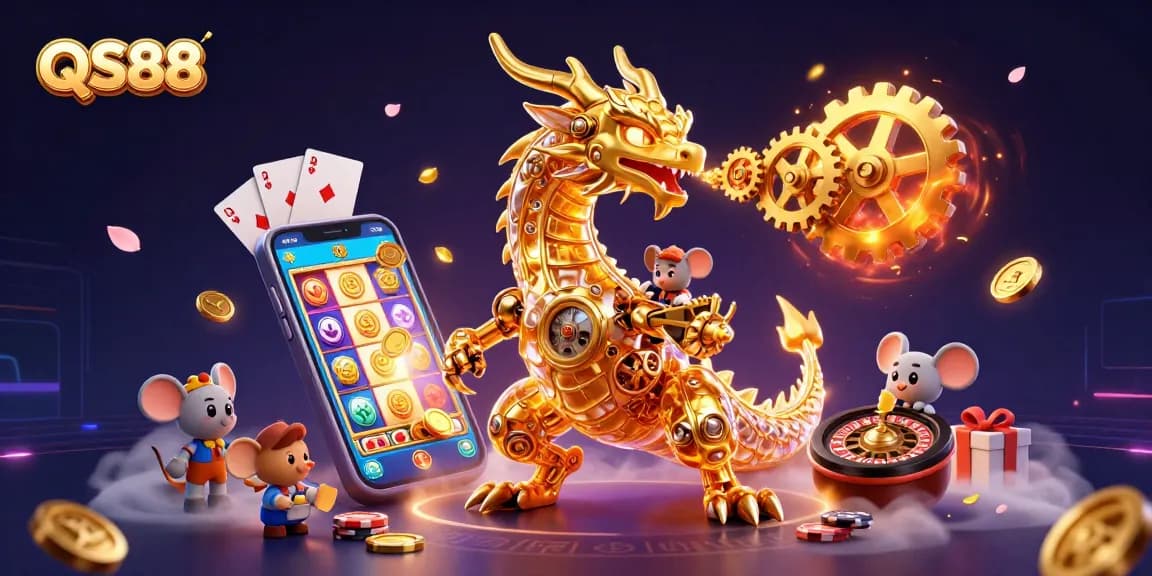 Experience the thrill of QS88 gaming with a golden dragon and vibrant casino elements in a 3D fantasy scene.