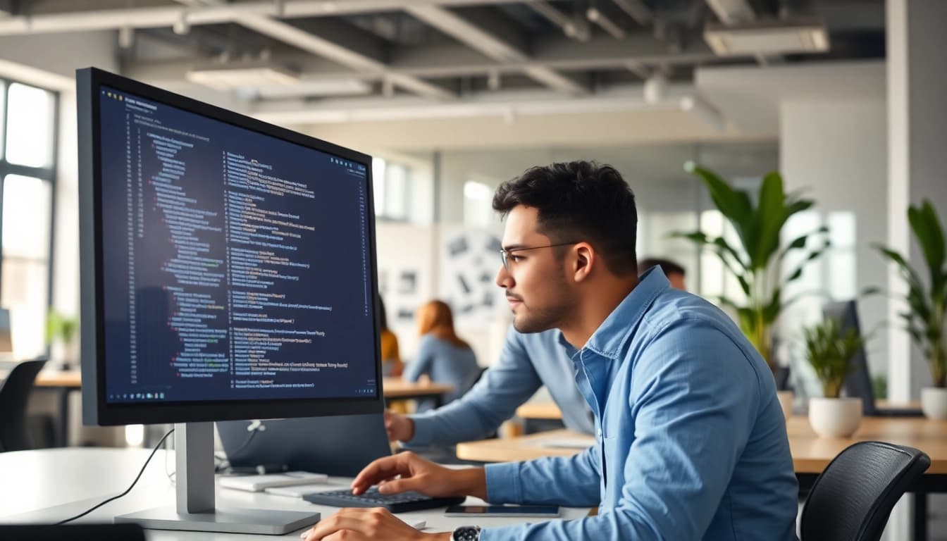 Hire Shopify developer collaborating in a modern office with a computer and diverse team.