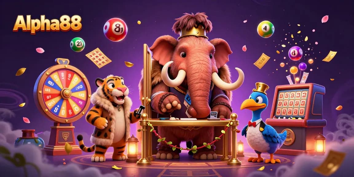 Experience the excitement of Alpha88 with a colorful casino illustration filled with vibrant games and characters.