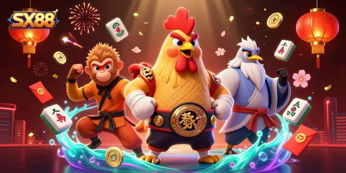 Engage with SX88: A vibrant 3D scene featuring fierce characters and dynamic gaming elements