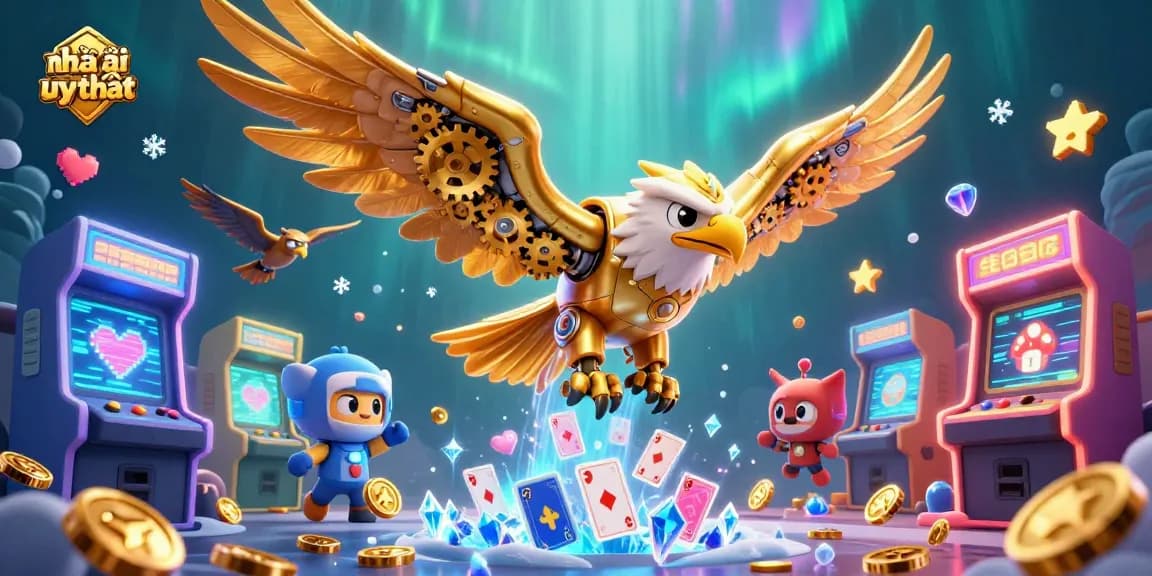 Play and win at nhà cái uy tín with exciting holographic cards and vibrant casino elements.