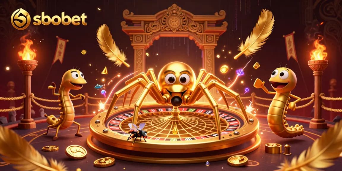 Bet on sbobet with a golden spider spinning a roulette web while a fly places bets in a dynamic scene.