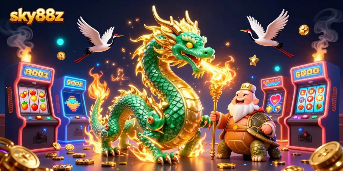 Engaging sky88z casino scene featuring a jade dragon, turtle sage, and lucky cranes.