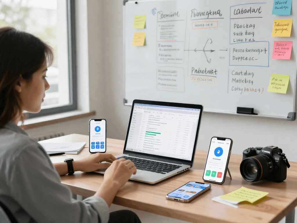 Purchase app downloads in a vibrant marketing workspace with app performance metrics displayed on screens.