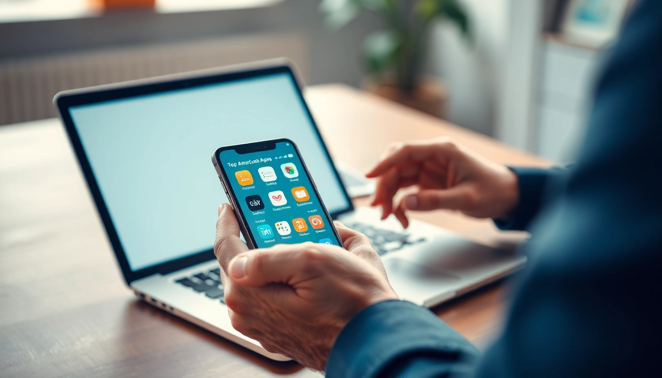Check smartphone displaying various top american apps in a bright workspace.