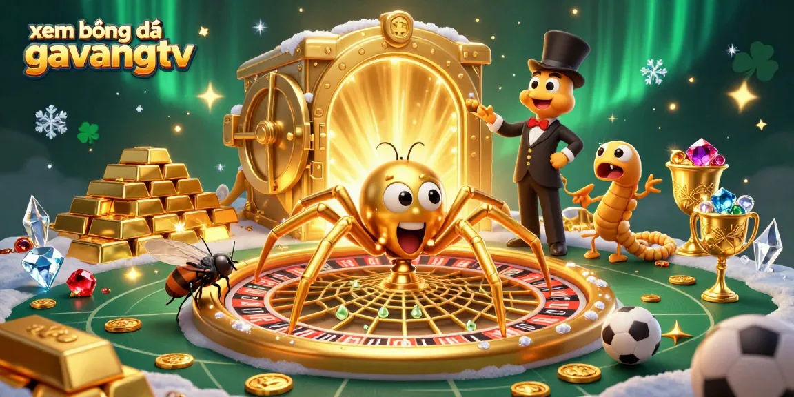Place strategic bets in xem bóng đá gavangtv illustrated with a whimsical 3D scene of a spider, croupier, and treasures.