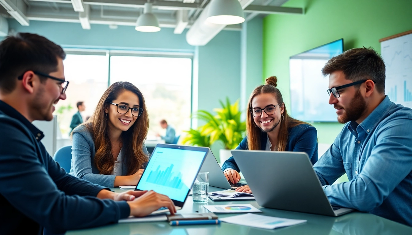 Showcase digital marketing agency services with a collaborative team in a modern office setting.