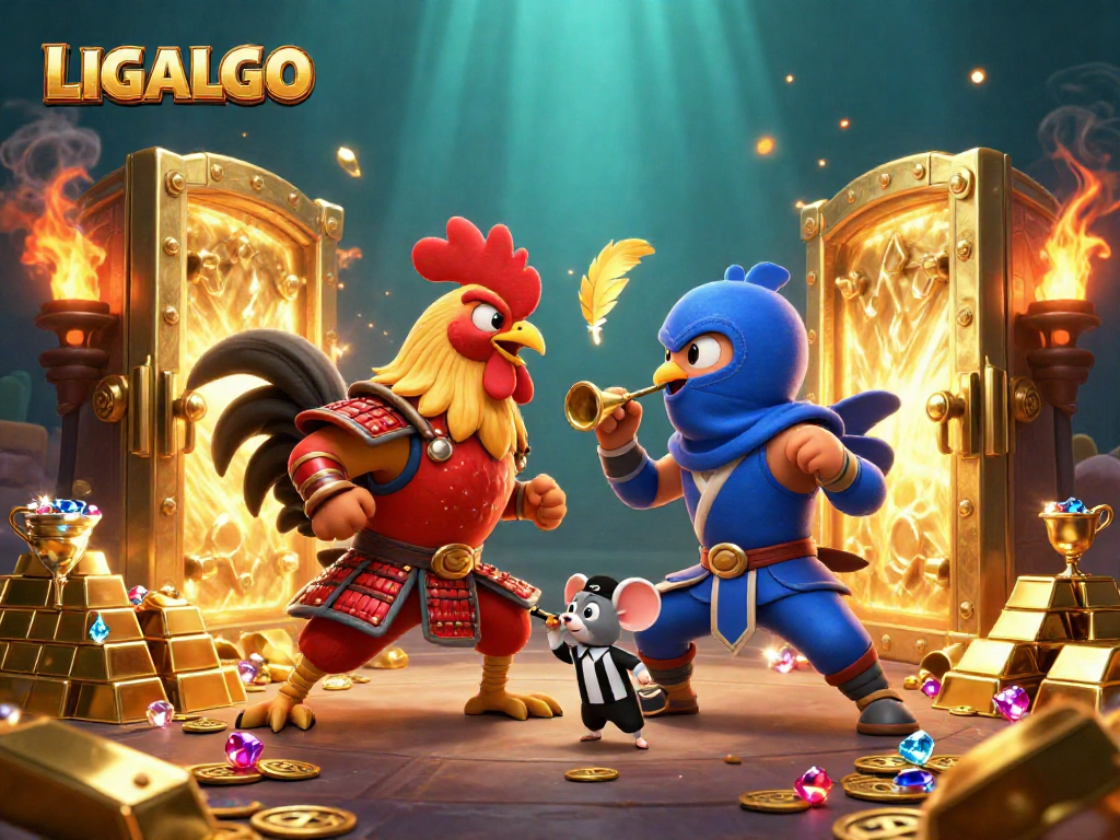 LIGALGO showcases an epic clash between roosters in a vibrant casino-themed arena filled with treasures.