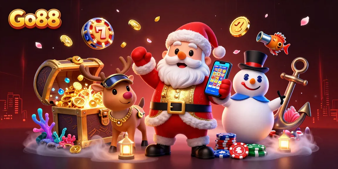 Go88 showcases Santa and friends in a vibrant casino-themed scene filled with jackpots.