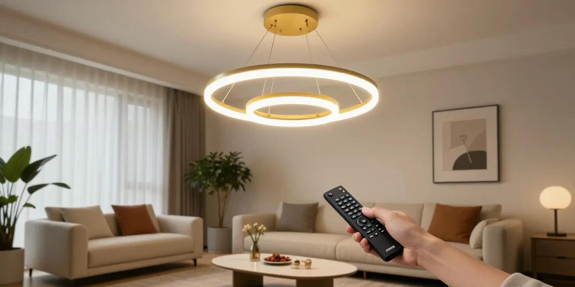 Lustra cu telecomanda strălucind în living modern, ajustată de o persoană.