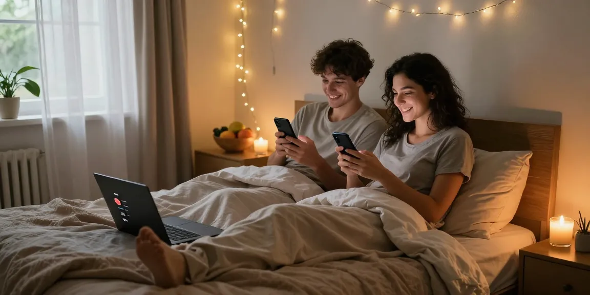 Couple engaging in playful ai sexting on smartphones in a cozy bedroom.