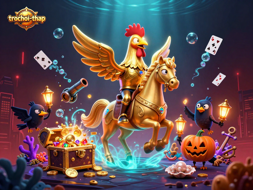 Experience the thrill in trochoi-thap with golden rooster and crow in a vibrant casino scene.