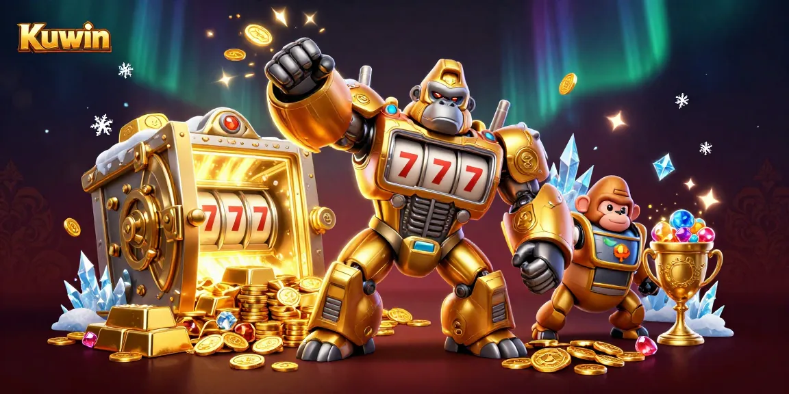 Kuwin's dynamic 3D casino scene featuring a golden gorilla mech with a slot machine chest and treasure elements.