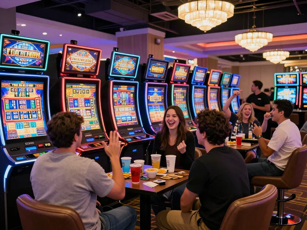 Group of friends enjoying a slot game in a lively casino atmosphere.
