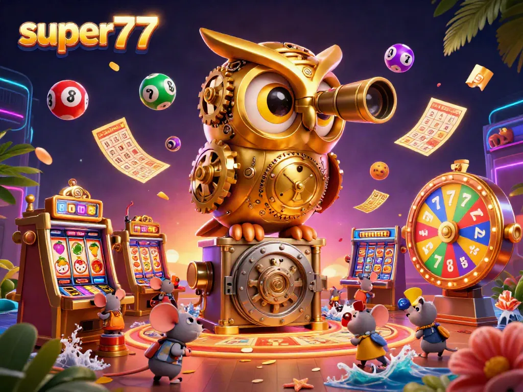 Engage with super77 slot excitement as a golden owl presides over captivating gameplay scenes.