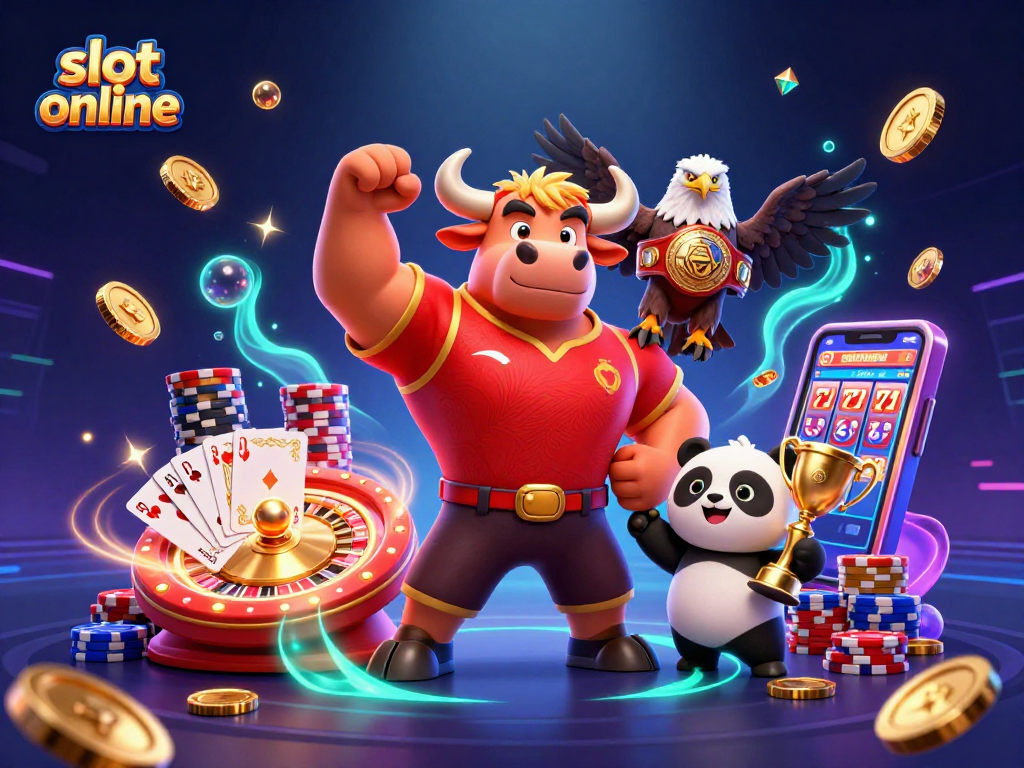 Win big with slot online games featuring a bull mascot, eagle champ, and panda trophy amidst vibrant casino elements!