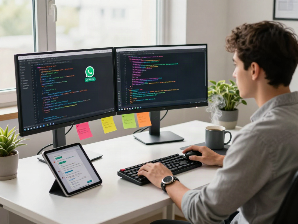 Developer engaging with gbwhatsapp interface in a vibrant workspace.