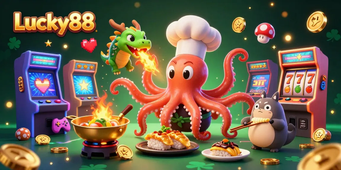 Lucky88 gaming scene with a cartoon sushi chef octopus, dragon, and tanuki amid slot machine excitement.