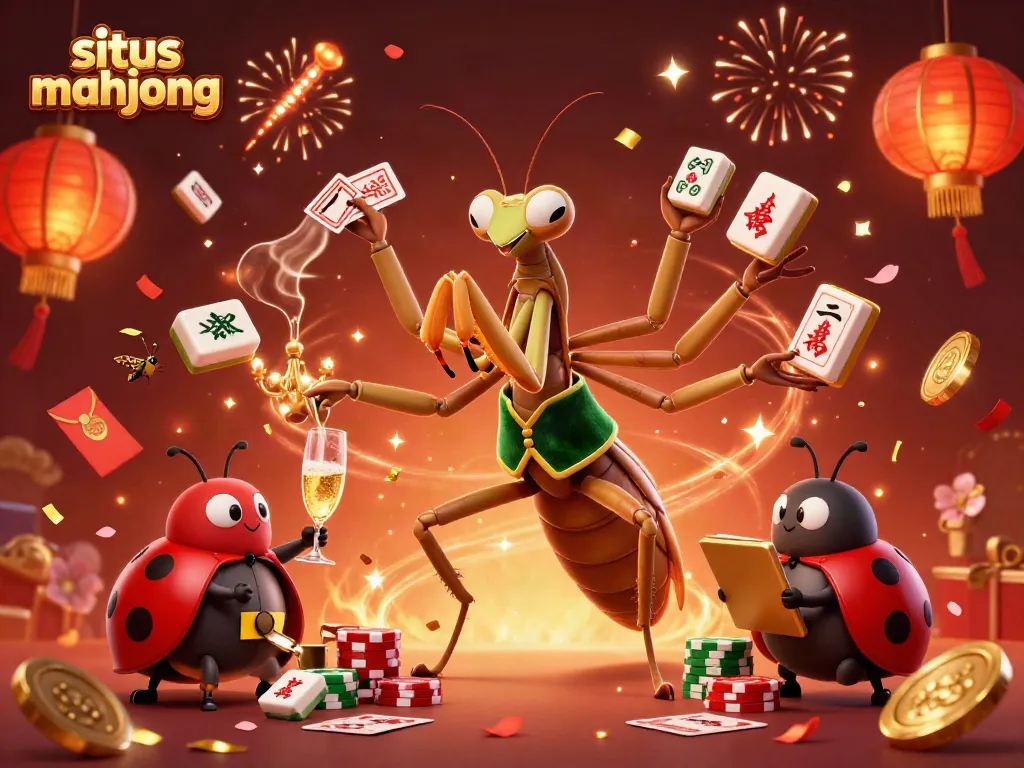 Engage with situs mahjong in a festive 3D casino scene featuring colorful mahjong tiles and vibrant characters.